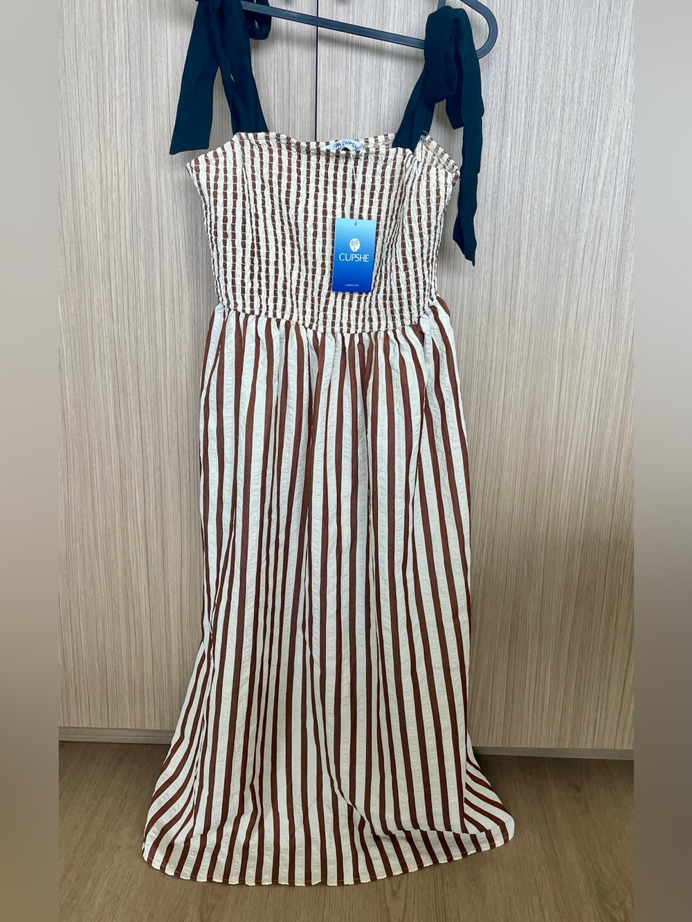 Brown & Cream Smocked Striped Midi Dress - Picture 2 of 5
